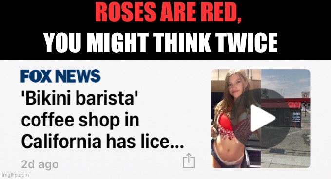 Comment if you want to see the full headline | ROSES ARE RED, YOU MIGHT THINK TWICE | image tagged in barista,bikini,fox news,roses are red | made w/ Imgflip meme maker