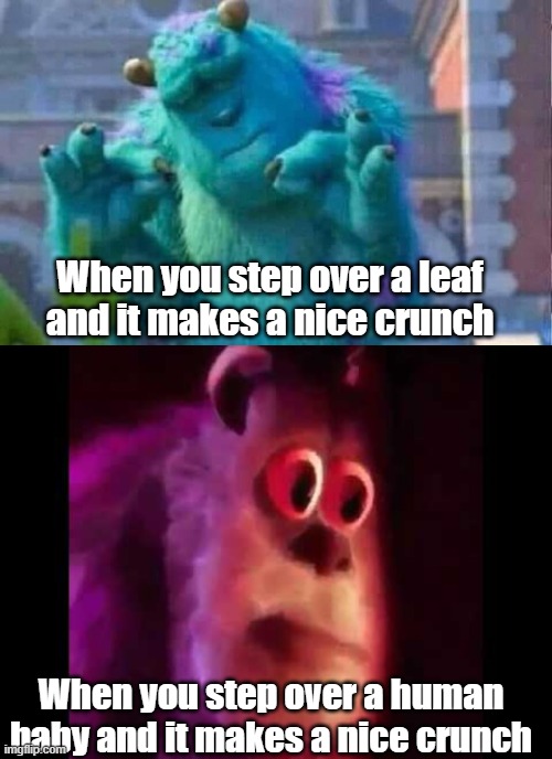 This template is so good. | When you step over a leaf and it makes a nice crunch; When you step over a human baby and it makes a nice crunch | image tagged in sully shutdown,sully groan,baby | made w/ Imgflip meme maker