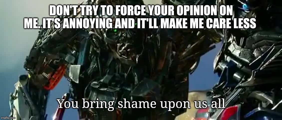 You bring shame upon us all | DON'T TRY TO FORCE YOUR OPINION ON ME. IT'S ANNOYING AND IT'LL MAKE ME CARE LESS | image tagged in you bring shame upon us all | made w/ Imgflip meme maker