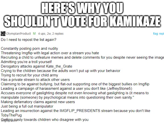 Vote For Imagine Instead! | HERE'S WHY YOU SHOULDN'T VOTE FOR KAMIKAZE | image tagged in yes,vote,imagine | made w/ Imgflip meme maker