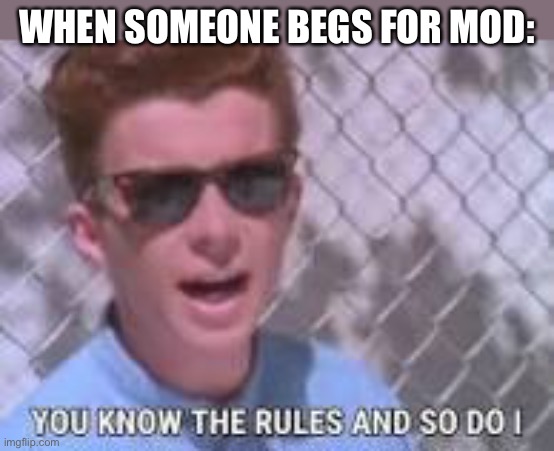 LOL | WHEN SOMEONE BEGS FOR MOD: | image tagged in you know the rules and so do i,funny,memes,rickroll,mod begging | made w/ Imgflip meme maker