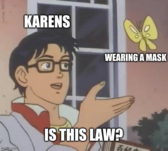 Is This A Pigeon | KARENS; WEARING A MASK; IS THIS LAW? | image tagged in memes,is this a pigeon | made w/ Imgflip meme maker