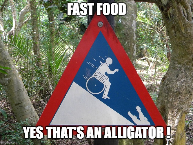 FAST FOOD; YES THAT'S AN ALLIGATOR ! | image tagged in steep hill | made w/ Imgflip meme maker