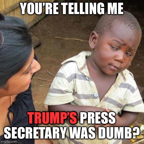 Haven’t heard anything about Biden’s press secretary from the news, but they did mock Trump’s. |  YOU’RE TELLING ME; TRUMP’S; TRUMP’S PRESS SECRETARY WAS DUMB? | image tagged in memes,third world skeptical kid,kaleigh macenany,funny,biden,donald trump | made w/ Imgflip meme maker