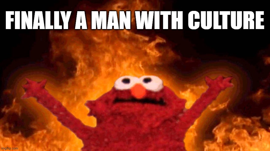 elmo fire | FINALLY A MAN WITH CULTURE | image tagged in elmo fire | made w/ Imgflip meme maker