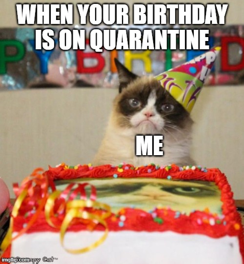 Grumpy Cat Birthday Meme | WHEN YOUR BIRTHDAY IS ON QUARANTINE; ME | image tagged in memes,grumpy cat birthday,grumpy cat | made w/ Imgflip meme maker
