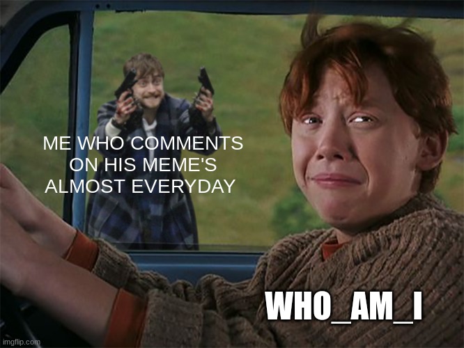 Harry with guns, scared Ron | ME WHO COMMENTS ON HIS MEME'S ALMOST EVERYDAY; WHO_AM_I | image tagged in harry with guns scared ron | made w/ Imgflip meme maker