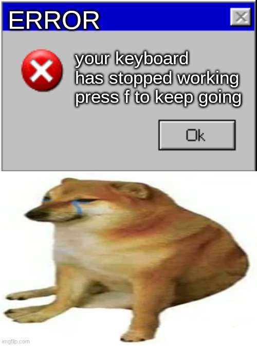 ERROR; your keyboard has stopped working press f to keep going | image tagged in windows error message | made w/ Imgflip meme maker