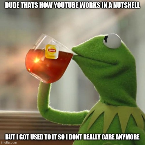 But That's None Of My Business Meme | DUDE THATS HOW YOUTUBE WORKS IN A NUTSHELL BUT I GOT USED TO IT SO I DONT REALLY CARE ANYMORE | image tagged in memes,but that's none of my business,kermit the frog | made w/ Imgflip meme maker