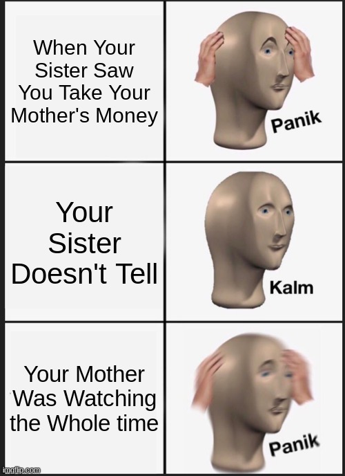 You gonna get Karma | When Your Sister Saw You Take Your Mother's Money; Your Sister Doesn't Tell; Your Mother Was Watching the Whole time | image tagged in memes,panik kalm panik | made w/ Imgflip meme maker