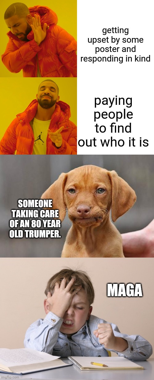 getting upset by some poster and responding in kind paying people to find out who it is SOMEONE TAKING CARE OF AN 80 YEAR OLD TRUMPER. MAGA | image tagged in memes,drake hotline bling,dissapointed puppy,oh no kid | made w/ Imgflip meme maker
