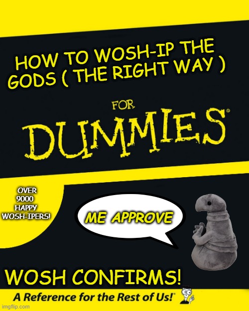 How to woship wosh | HOW TO WOSH-IP THE GODS ( THE RIGHT WAY ); OVER 9000  HAPPY WOSH-IPERS! ME APPROVE; WOSH CONFIRMS! | image tagged in for dummies,wosh | made w/ Imgflip meme maker