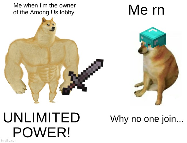 How I feel. | Me when I'm the owner of the Among Us lobby; Me rn; UNLIMITED POWER! Why no one join... | image tagged in memes,buff doge vs cheems | made w/ Imgflip meme maker