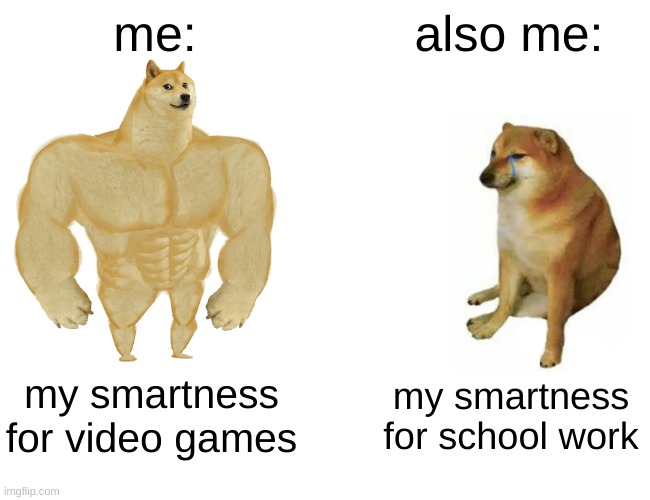 Buff Doge vs. Cheems | me:; also me:; my smartness for video games; my smartness for school work | image tagged in memes,buff doge vs cheems | made w/ Imgflip meme maker