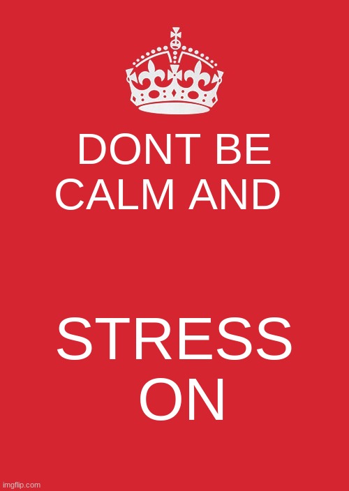 Keep Calm And Carry On Red | DONT BE CALM AND; STRESS  ON | image tagged in memes,keep calm and carry on red | made w/ Imgflip meme maker