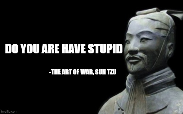 Sun Tzu | DO YOU ARE HAVE STUPID; -THE ART OF WAR, SUN TZU | image tagged in sun tzu | made w/ Imgflip meme maker