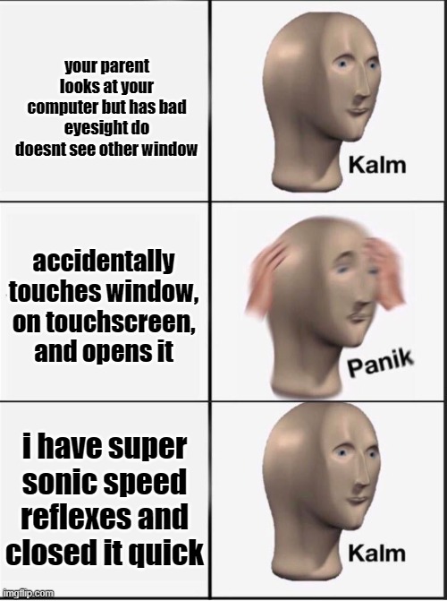 Reverse kalm panik | your parent looks at your computer but has bad eyesight do doesnt see other window; accidentally touches window, on touchscreen, and opens it; i have super sonic speed reflexes and closed it quick | image tagged in reverse kalm panik | made w/ Imgflip meme maker