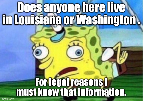 Mocking Spongebob Meme | Does anyone here live in Louisiana or Washington . For legal reasons I must know that information. | image tagged in memes,mocking spongebob | made w/ Imgflip meme maker