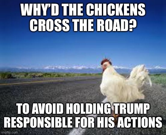 Trump’s lawyers could say sunspots were to blame for the riot and Republicans will fall over themselves to acquit him | WHY’D THE CHICKENS CROSS THE ROAD? TO AVOID HOLDING TRUMP RESPONSIBLE FOR HIS ACTIONS | image tagged in why the chicken cross the road | made w/ Imgflip meme maker