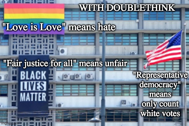 WITH DOUBLETHINK "Representative democracy" means only count white votes "Fair justice for all" means unfair "Love is Love" means hate | made w/ Imgflip meme maker