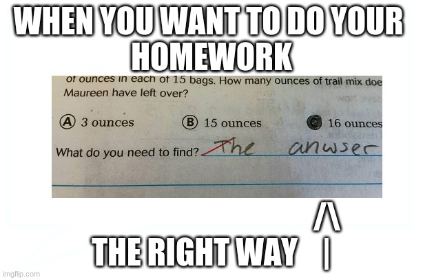 How to do your homework wrong when it's really right. | WHEN YOU WANT TO DO YOUR 
HOMEWORK; /\
THE RIGHT WAY    | | image tagged in funny kids,homework | made w/ Imgflip meme maker