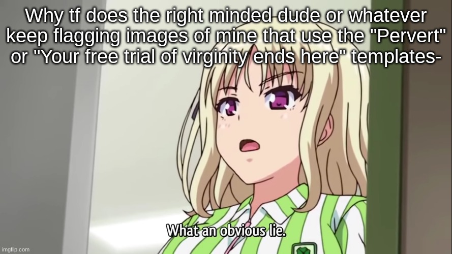 Like, they don't show anything NSFW, they only say it- | Why tf does the right minded dude or whatever keep flagging images of mine that use the "Pervert" or "Your free trial of virginity ends here" templates- | image tagged in what an obvious lie | made w/ Imgflip meme maker