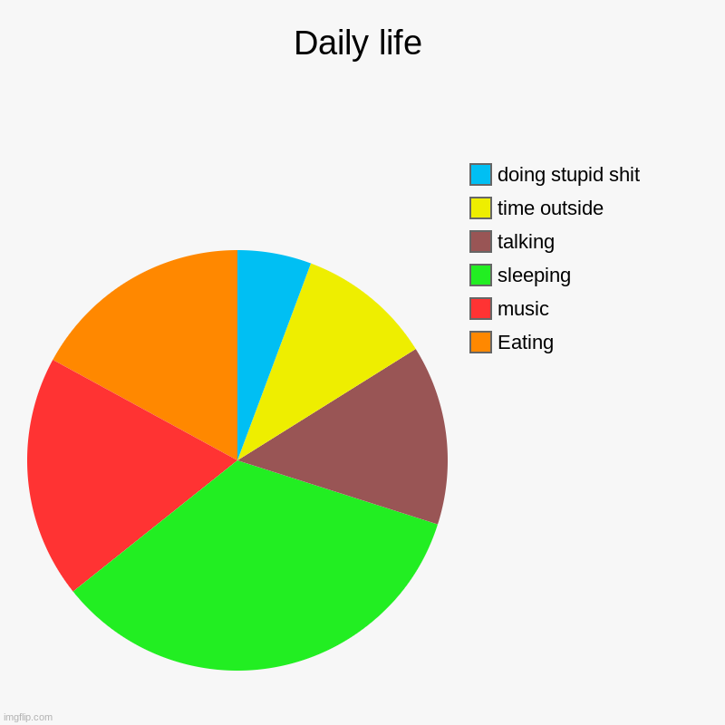 What your life is like | Daily life | Eating, music, sleeping, talking, time outside, doing stupid shit | image tagged in charts,pie charts | made w/ Imgflip chart maker