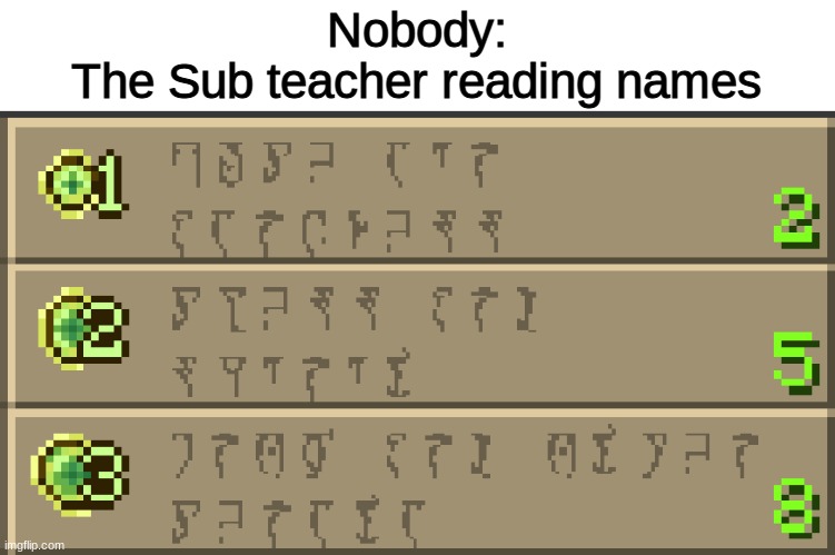 Nobody:
The Sub teacher reading names | image tagged in nobody,memes,funny,school,relatable | made w/ Imgflip meme maker