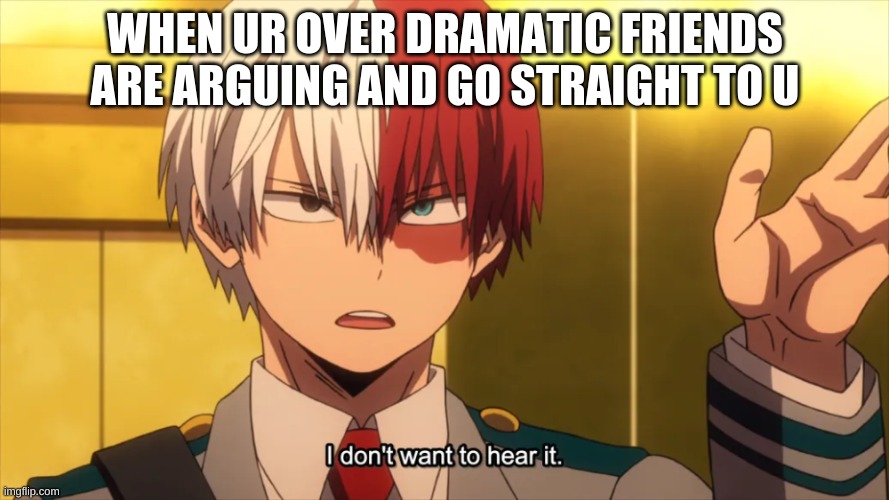 I don't want to hear it Todoroki | WHEN UR OVER DRAMATIC FRIENDS ARE ARGUING AND GO STRAIGHT TO U | image tagged in i don't want to hear it todoroki | made w/ Imgflip meme maker