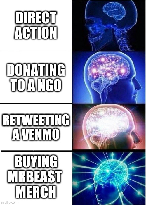 Expanding Brain Meme | DIRECT ACTION; DONATING TO A NGO; RETWEETING A VENMO; BUYING
MRBEAST 
MERCH | image tagged in memes,expanding brain | made w/ Imgflip meme maker