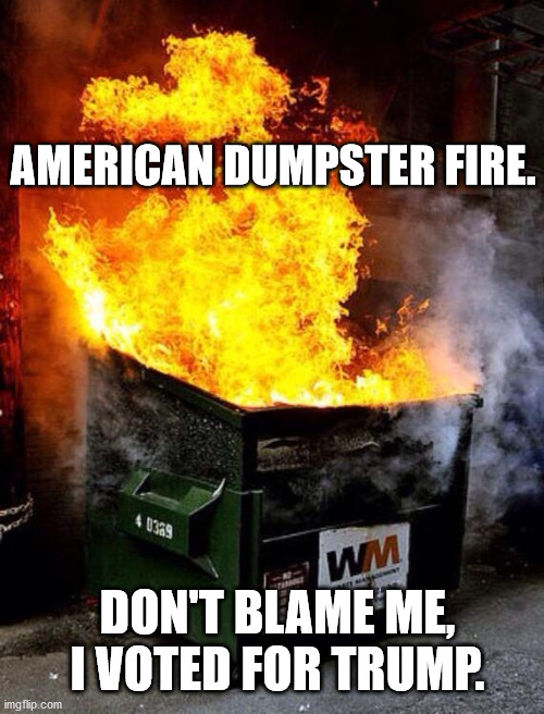 Democrats in charge again means; | AMERICAN DUMPSTER FIRE. DON'T BLAME ME, I VOTED FOR TRUMP. | image tagged in dumpster fire,democrats,donald trump | made w/ Imgflip meme maker