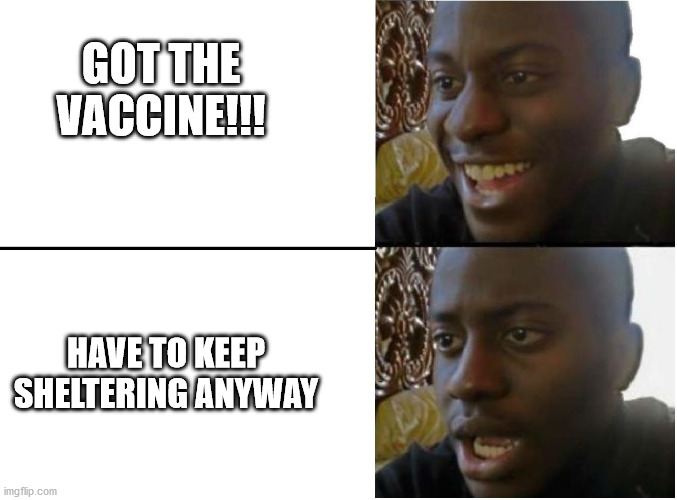 Happy and sad black guy | GOT THE VACCINE!!! HAVE TO KEEP SHELTERING ANYWAY | image tagged in happy and sad black guy | made w/ Imgflip meme maker