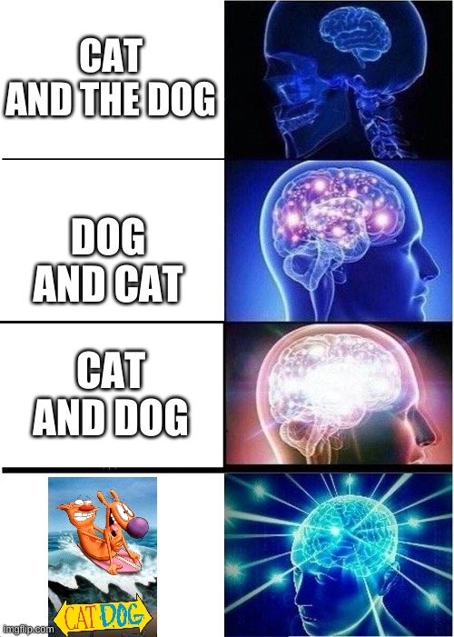 Expanding brain using the words cat and dog | CAT AND THE DOG; DOG AND CAT; CAT AND DOG | image tagged in memes,expanding brain | made w/ Imgflip meme maker