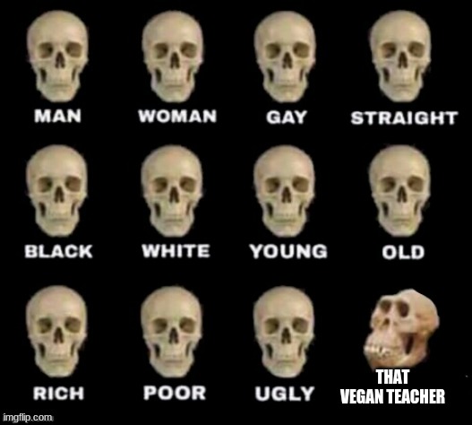 idiot skull | THAT VEGAN TEACHER | image tagged in idiot skull | made w/ Imgflip meme maker