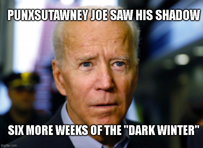 Joe Biden confused | PUNXSUTAWNEY JOE SAW HIS SHADOW; SIX MORE WEEKS OF THE "DARK WINTER" | image tagged in joe biden confused | made w/ Imgflip meme maker