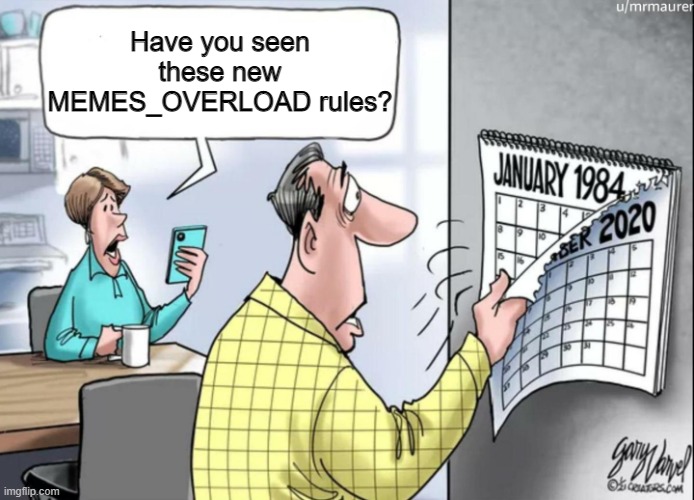 Dream is a cheater | Have you seen these new MEMES_OVERLOAD rules? | image tagged in 1984 calendar | made w/ Imgflip meme maker