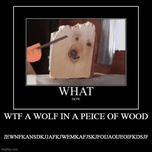 WTF A WOLF IN A PEICE OF WOOD | JEWNFKANSDKJJAFKJWEMKAFJSKJFOIJAOIJEOIFKDSJF | image tagged in funny,demotivationals | made w/ Imgflip demotivational maker