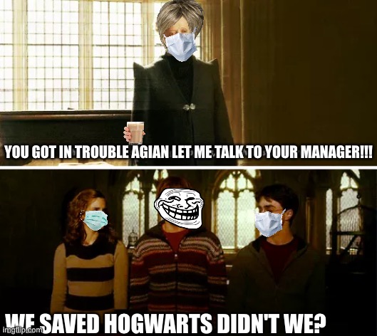 Harry Potter got struck with 2020 bullcrap | YOU GOT IN TROUBLE AGIAN LET ME TALK TO YOUR MANAGER!!! WE SAVED HOGWARTS DIDN'T WE? | image tagged in always you three | made w/ Imgflip meme maker