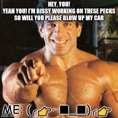 please blowup my car |  HEY, YOU!
YEAH YOU! I'M BISSY WORKING ON THESE PECKS SO WILL YOU PLEASE BLOW UP MY CAR; ME: (╭☞⌐■_■)╭☞ | image tagged in memes,frango | made w/ Imgflip meme maker