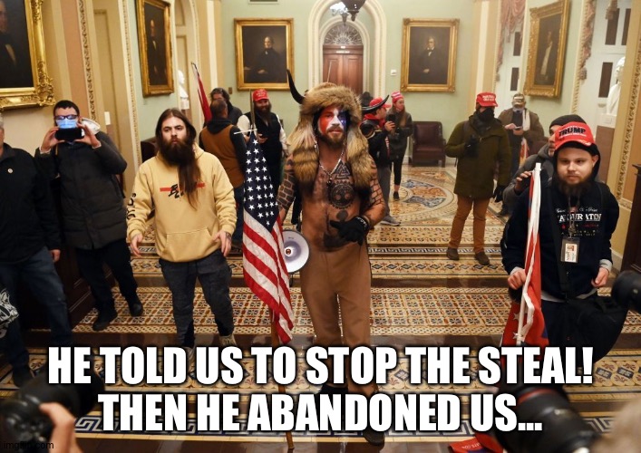 Trump left his henchmen holding the bag | HE TOLD US TO STOP THE STEAL!
THEN HE ABANDONED US... | image tagged in capitol buffalo guy | made w/ Imgflip meme maker