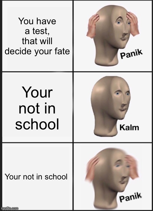 Panik Kalm Panik Meme | You have a test, that will decide your fate; Your not in school; Your not in school | image tagged in memes,panik kalm panik | made w/ Imgflip meme maker