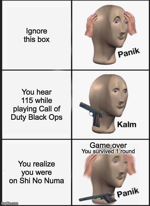 Damn, I hate it when this happens. | Ignore this box; You hear 115 while playing Call of Duty Black Ops; Game over; You realize you were on Shi No Numa; You survived 1 round | image tagged in memes,panik kalm panik | made w/ Imgflip meme maker