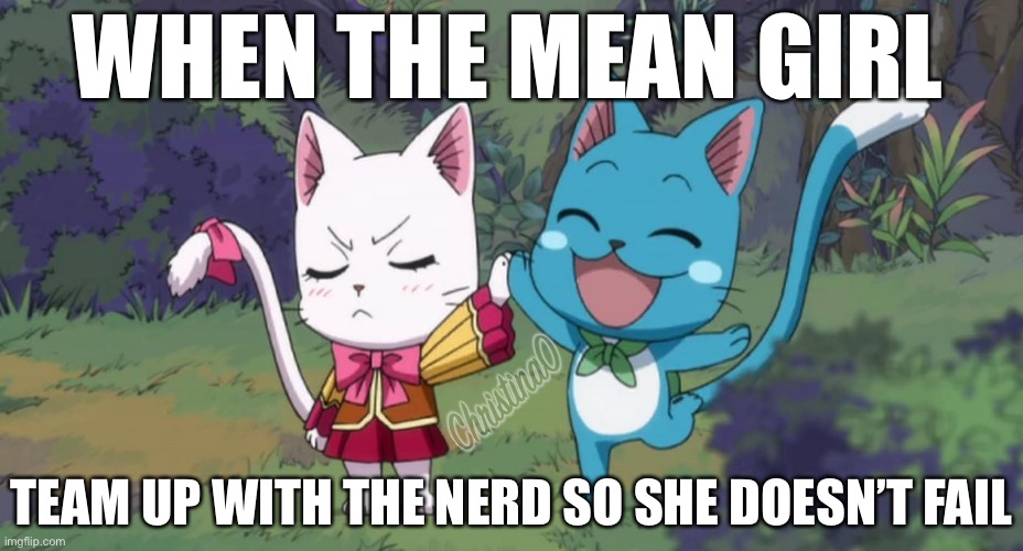 The mean girl and the nerd | WHEN THE MEAN GIRL; TEAM UP WITH THE NERD SO SHE DOESN’T FAIL | image tagged in mean girls,nerds,fairy tail,fairy tail meme,school,happy fairy tail | made w/ Imgflip meme maker