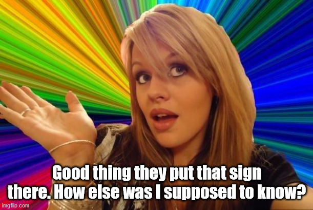 Dumb Blonde Meme | Good thing they put that sign there. How else was I supposed to know? | image tagged in memes,dumb blonde | made w/ Imgflip meme maker