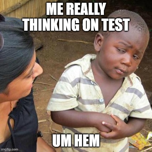 Third World Skeptical Kid | ME REALLY THINKING ON TEST; UM HEM | image tagged in memes,third world skeptical kid | made w/ Imgflip meme maker