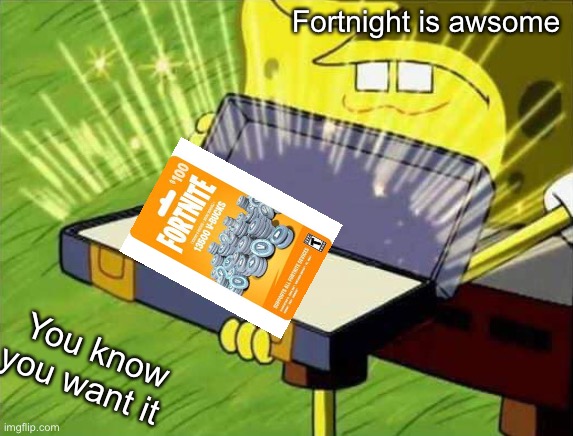 Spongebob box | Fortnight is awsome; You know you want it | image tagged in spongebob box | made w/ Imgflip meme maker