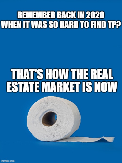 Real estate market | REMEMBER BACK IN 2020 WHEN IT WAS SO HARD TO FIND TP? THAT'S HOW THE REAL ESTATE MARKET IS NOW | image tagged in real estate,no more toilet paper | made w/ Imgflip meme maker