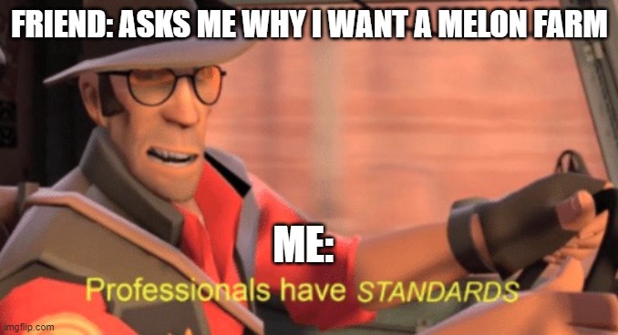 Professionals have standards | FRIEND: ASKS ME WHY I WANT A MELON FARM; ME: | image tagged in professionals have standards | made w/ Imgflip meme maker