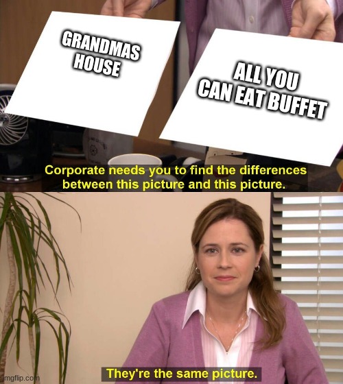 They are the same picture | GRANDMAS HOUSE ALL YOU CAN EAT BUFFET | image tagged in they are the same picture | made w/ Imgflip meme maker