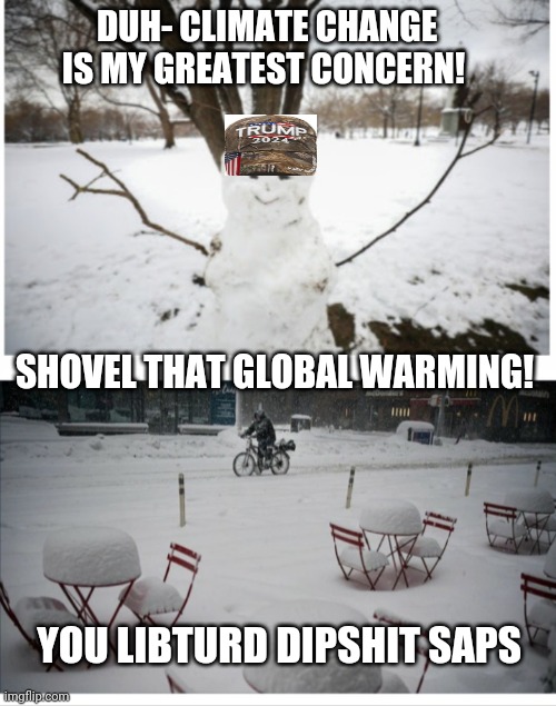 Our "Existential Crisis"-  Right | DUH- CLIMATE CHANGE IS MY GREATEST CONCERN! SHOVEL THAT GLOBAL WARMING! YOU LIBTURD DIPSHIT SAPS | image tagged in liberal logic,climate,hoax | made w/ Imgflip meme maker